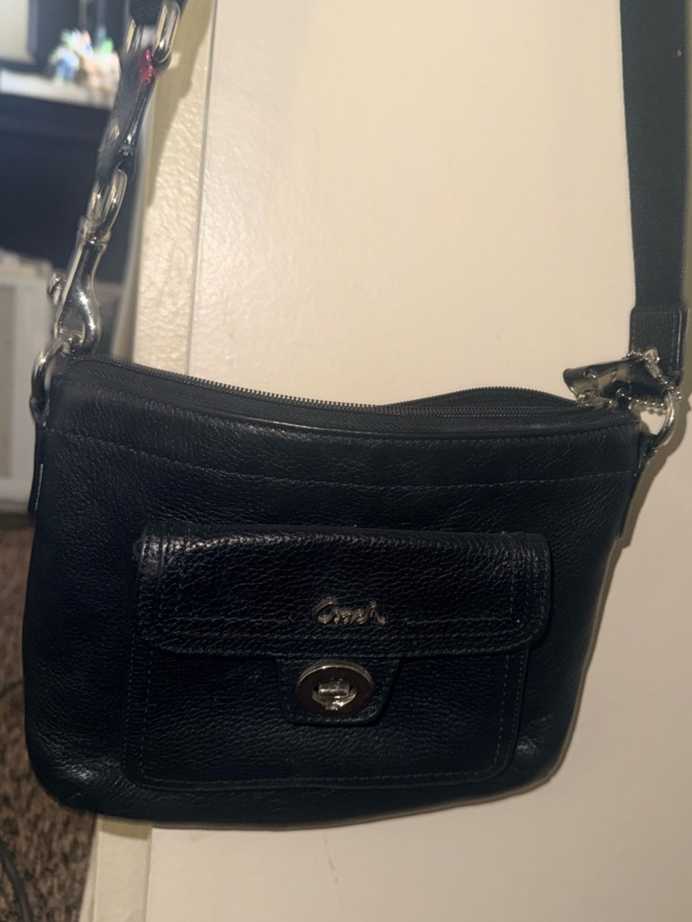 Coach Black Leather Crossbody with Turn-Lock Pocket
